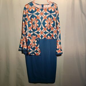 Retro Colorblock Dress -long sleeve Bell cuff blue and peach print